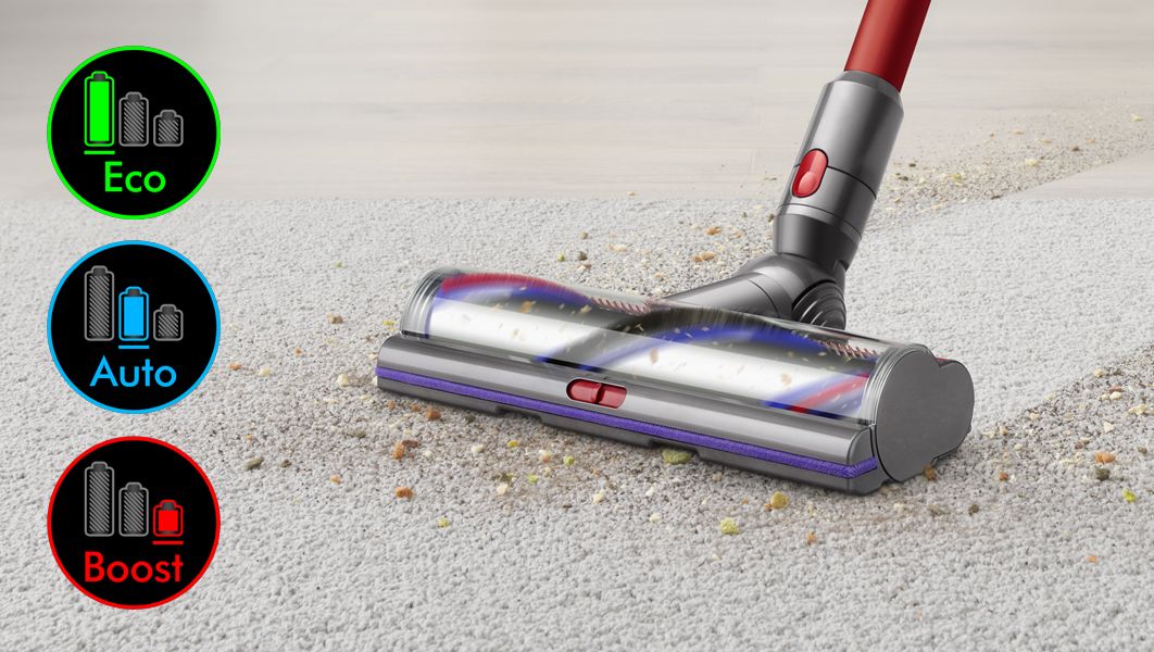Cleaner head on carpet with image of screen showing three power modes Cleaner head on carpet with image of screen showing three power modes